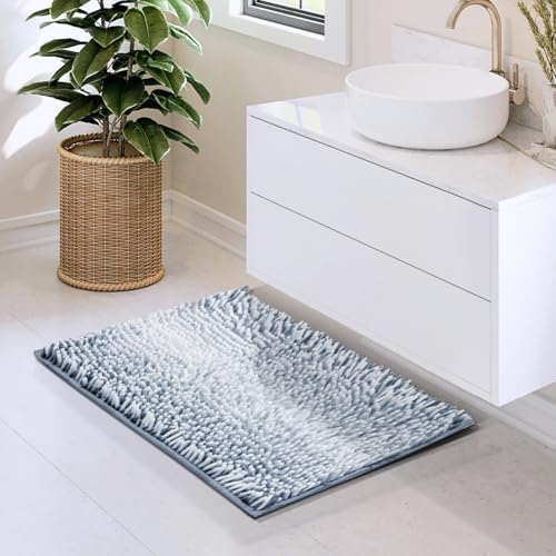 Hearth & Harbor Bathroom Rugs, Chenille Bath Mat - Machine Washable Bath Mats for Bathroom Non-Slip Backing Rubber, Quick Dry Bathroom Mat, 17 x 24 - Ombre Blue
