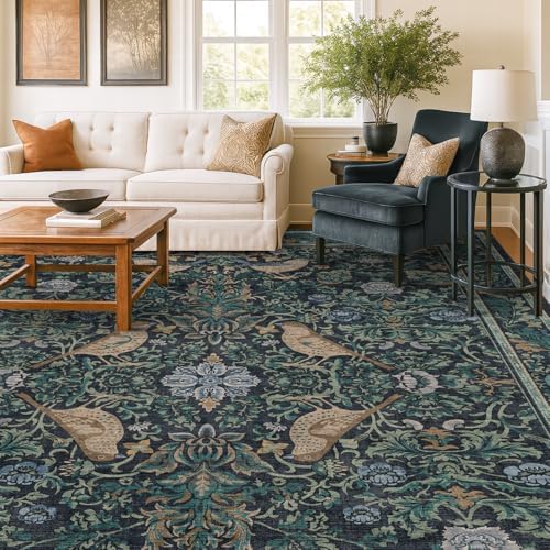 Large Washable Floral 10x14 Area Rug for Living Room - Boho Soft Rugs for Bedroom, Low Pile Carpet for Dining Room, Vintage Bird Blue and Green Indoor Décor, Non-Slip Stain & Fade Resistant