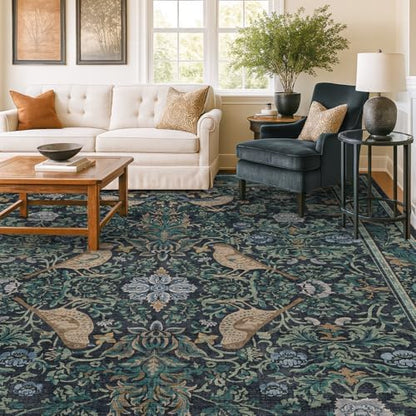 Large Washable Floral 10x14 Area Rug for Living Room - Boho Soft Rugs for Bedroom, Low Pile Carpet for Dining Room, Vintage Bird Blue and Green Indoor Décor, Non-Slip Stain & Fade Resistant