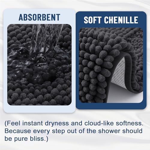 Grandaily Chenille Striped Bathroom Rugs 36x24, Extra Thick and Soft Absorbent Bath Mats, Rubber Backing, Plush Shaggy Shower Carpet, Machine Wash Dry, Bath Rug for Bathroom, Charcoal