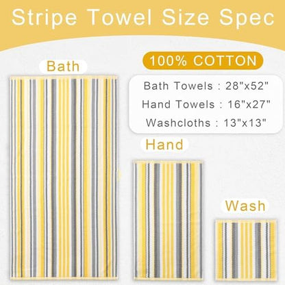 VOOVA & MOVAS Yellow Bathroom Towels 3 Pack, 100% Cotton, Gray Striped