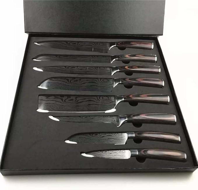 Majesty Series 8pc Damascus-Pattern Kitchen Knife Set - Ultra-Sharp Laser-Etched Pattern, Pakkawood Handles, Razor-Sharp Stainless Steel, Premium Gift Box