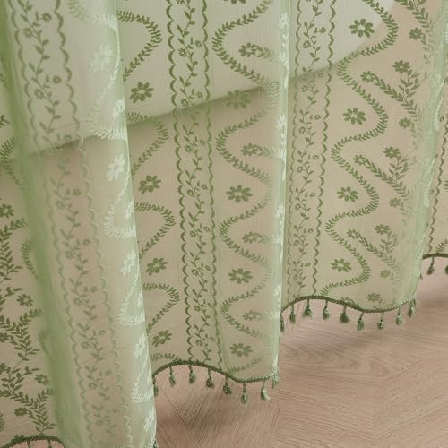 WAZZIO Sage Green Lace Shower Curtain - Vintage Pretty Floral Sheer Shower Curtains, Elegant Decorative Tassel Bath Curtains for Bathroom, 72 x 84 Inch, 1 Piece