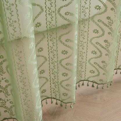 WAZZIO Sage Green Lace Shower Curtain - Vintage Pretty Floral Sheer Shower Curtains, Elegant Decorative Tassel Bath Curtains for Bathroom, 72 x 72 Inch, 1 Piece