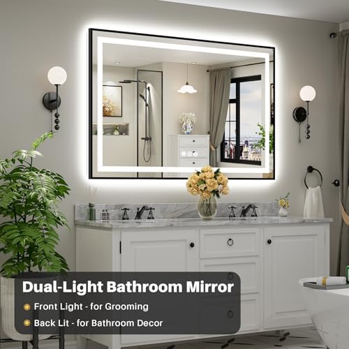 60x40 Inch LED Bathroom Mirror with Black Frame, Backlit & Front Lit