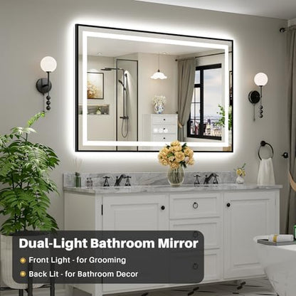 60x40 Inch LED Bathroom Mirror with Black Frame, Backlit & Front Lit