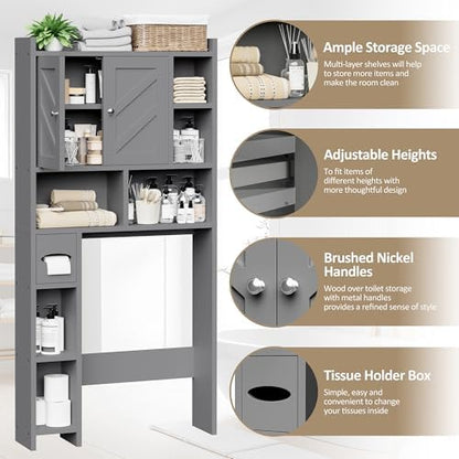 Over the Toilet Storage Cabinet, Freestanding Farmhouse Storage Cabinet Over Toilet, Bathroom Organizer with Paper Holder Stand and Adjustable Shelf, Grey