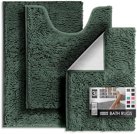 Hearth & Harbor Bathroom Rugs, Chenille Bath Mat - Machine Washable Bath Mats for Bathroom Non-Slip Backing Rubber, Quick Dry Mat - Hunter Green Bath Rug, 17x24-20x32-20x24