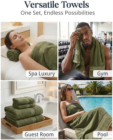 LANE LINEN Large Bath Towel Set Absorbent Quick Dry 100% Cotton - Oil Green