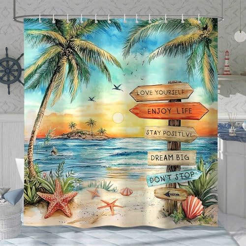 Beach Shower Curtain for Bathroom,Tropical Palm Tree Coastal Nautical Ocean Quotes Inspirational, Sunset Scenery Shower Curtain Set with Hooks,72Wx72H