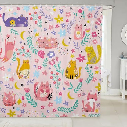 Feelyou Kids Funny Cats Shower Curtain Girls Cute Flower Cartoon Kitty Kitten Bathroom Waterproof Accessories with 12 Hooks 72x72 Inches Animal Theme Girly Kawaii Room Pink Decor