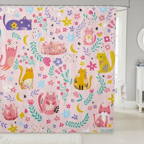 Feelyou Kids Funny Cats Shower Curtain Girls Cute Flower Cartoon Kitty Kitten Bathroom Waterproof Accessories with 12 Hooks 72x84 Inches Animal Theme Girly Kawaii Room Pink Decor