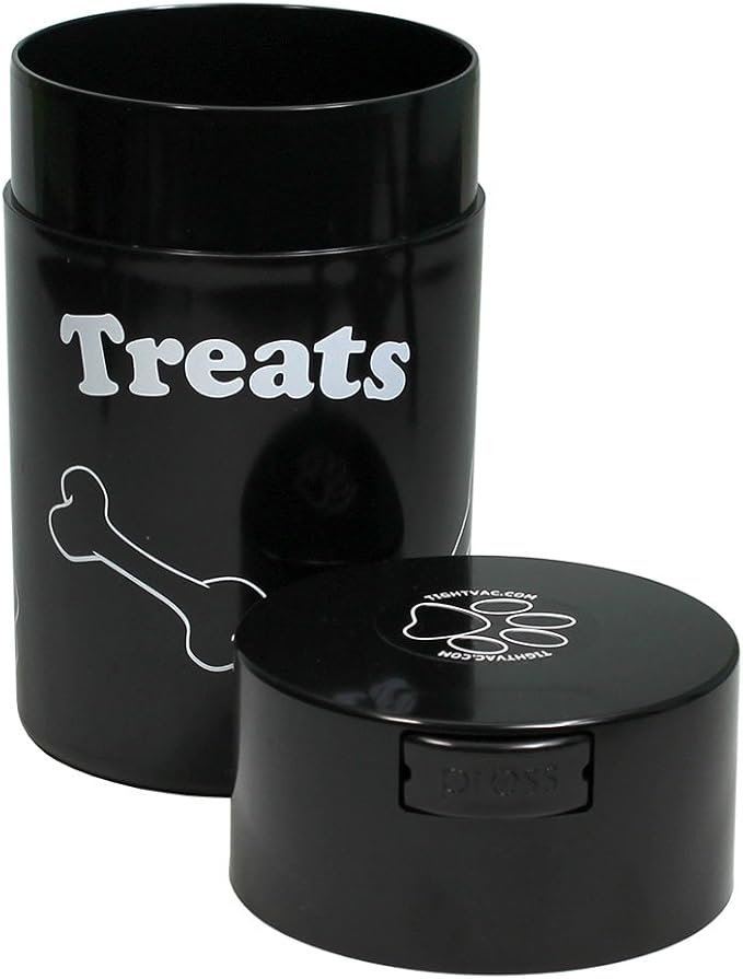 Tightpac Pawvac 1 to 6 Ounces Container, Airtight Pet Food and Treats Storage Jar - Patented Vacuum Seal Container for Pet Food, Treats and other Dry Goods - Black with Treats