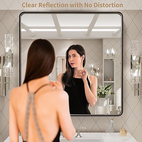 LOAAO 30x30 Inch Black Metal Framed Bathroom Mirror