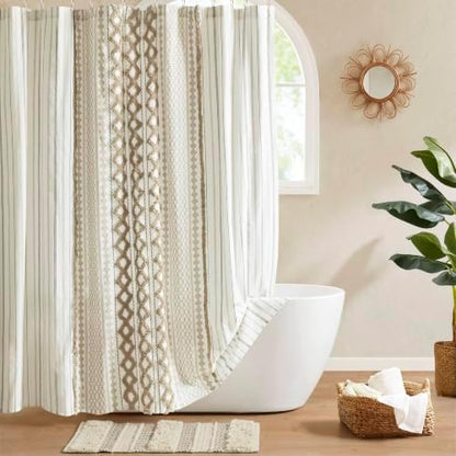 INK+IVY 100% Cotton Tufted Shower Curtain for Bathroom, Neutral, 72 x 72