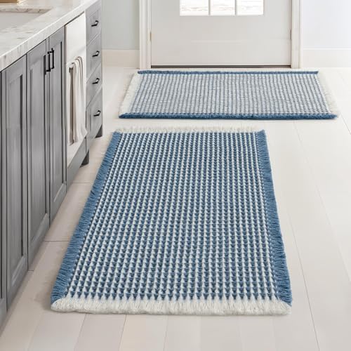 MIULEE Set of 2 Waffle Bathroom Rugs Boho Bath Mat Blue&Cream 18x30 Inch