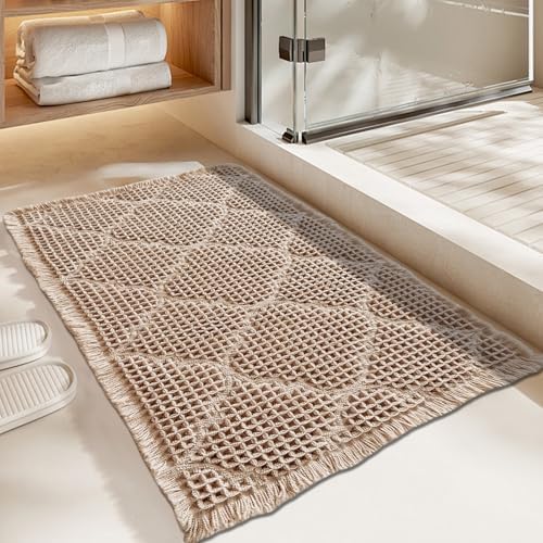 ZALL Tan Waffle Bath Mat,Super Absorbent Non Slip Bathroom Rug,Brown 18x30inch, Geometric Diamond Machine Washable Ultra Soft Floor Mats