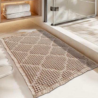 ZALL Tan Waffle Bath Mat,Super Absorbent Non Slip Bathroom Rug,Brown 18x30inch, Geometric Diamond Machine Washable Ultra Soft Floor Mats