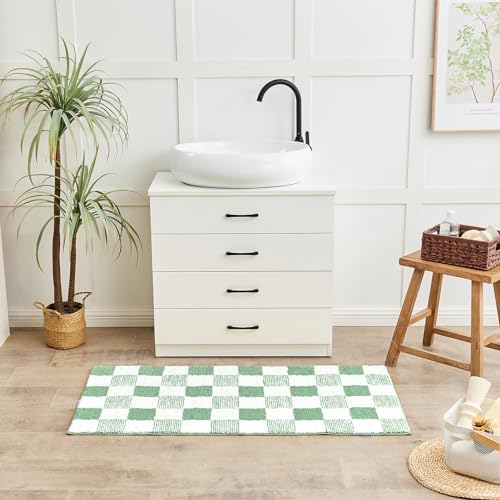 CozeCube Sage Green Checkered Bath Runner 59"x24" Non Slip Washable Rug