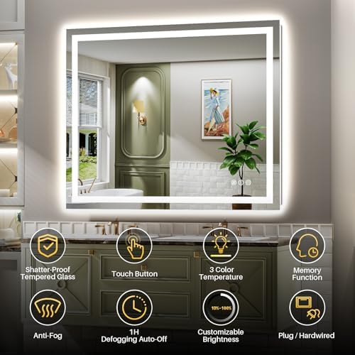Briivue 48x38 Inch LED Bathroom Mirror with Lights, Backlit & Front Lit