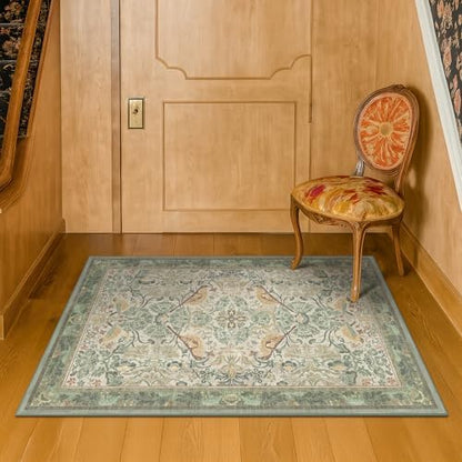 Large Entryway Rugs Indoor - Sage Green 3x4 Washable Rugs for Kitchen Bedroom Beside Bed Door Mat Indoor Entrance with Beige Woodland Flowers, Non Slip Stain Resistant Low Pile