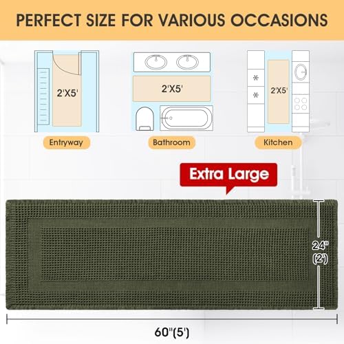 Extra Large Waffle Bath Mat, Boho Woven Modern Bath Rug Absorbent Non Slip, Ultra Soft Bathroom Mats, Machine Washable Knit Bath Rugs with Tassels for Bathroom, Bedroom, Kitchen, 5'x2', Dark Green