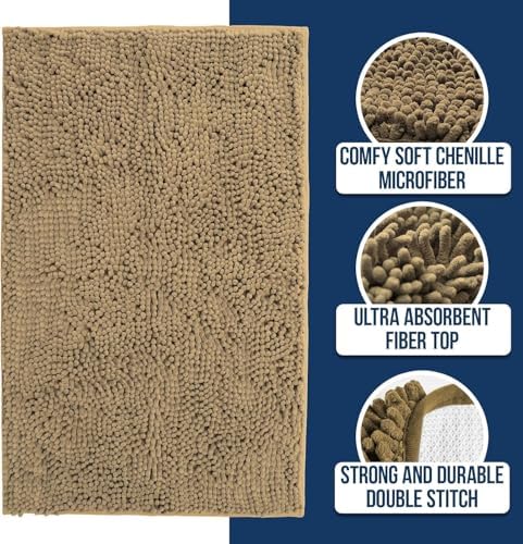 Muddy Mat® | Chenille Bathroom Rugs Quick Dry Microfiber Mats Non Slip Washable, Extra Thick, Soft and Highly Absorbent Bath Mats for Bathroom, Kitchen, and Shower Floor - Beige 36"x60"