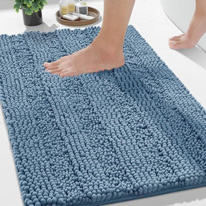 Yimobra Bathroom Rug Mat 32 x 20, Non Slip and Super Absorbent Bath Mat,Machine Washable Quick Dry,Ultra Plush Chenille Shower Rugs for Bathroom Floor Sink Tub and Shower Outside,Denim Blue
