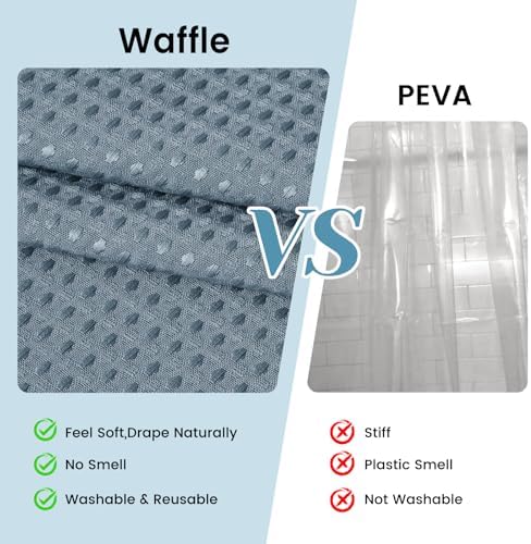 No Hook Waffle Shower Curtain with Snap in Liner Set, 71x74, Stone Blue