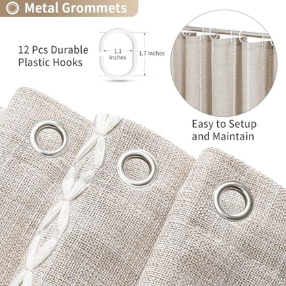 Boho Farmhouse Tassel Linen Shower Curtain,3D Embroidery Stripe Taupe,72x78