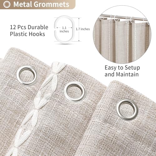 Boho Farmhouse Tassel Linen Shower Curtain,3D Embroidery Stripe Taupe,36x72