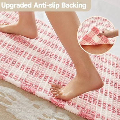 TYUU Waffle Runner Rug Bathroom, Long Cute Bath Mat, 60x24 Pink & White