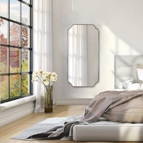 ANDY STAR 24"x48" Large Bathroom Mirror, Chrome Scalloped Wall Mirror, Polished Nickel Rectangle Mirror, Bathroom Vanity Mirror in Anti-Rust Stainless Steel Metal Frame, Vertically/Horizontally