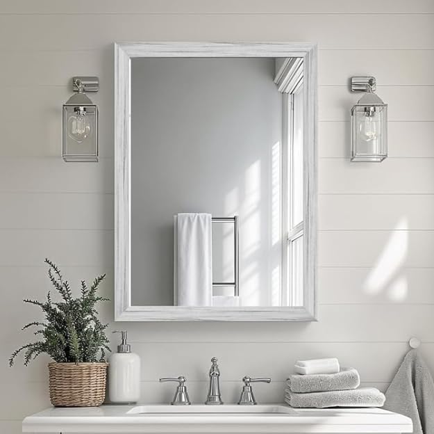 White Wood Effect Framed Wall Mirror, 20x30 Rectangle Mirror