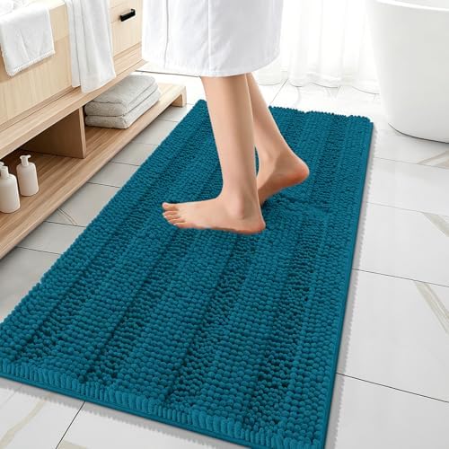 OLANLY Thick Bathroom Runner Rugs 47x20, Chenille Bath Rugs, Peacock Blue