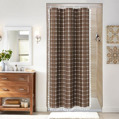 Boho Farmhouse Classic Plaid Linen Tassel Shower Curtain Brown,36x72