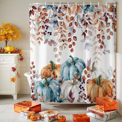 Shower Curtain Bathroom Set Fall Thanksgiving Pumpkin Orange Eucalyptus Leaf Waterproof Shower Curtains with Grommets Hooks Autumn Fallen Leaves Privacy Bath Curtain for Bathtub Decor 72x78in