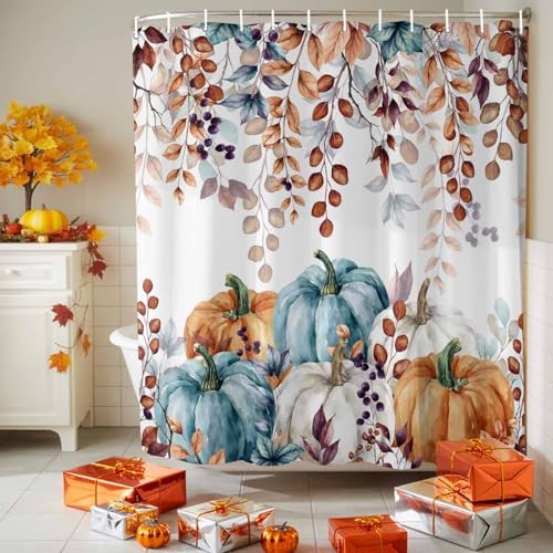 Shower Curtain Bathroom Set Fall Thanksgiving Pumpkin Orange Eucalyptus Leaf Waterproof Shower Curtains with Grommets Hooks Autumn Fallen Leaves Privacy Bath Curtain for Bathtub Decor 60x72in