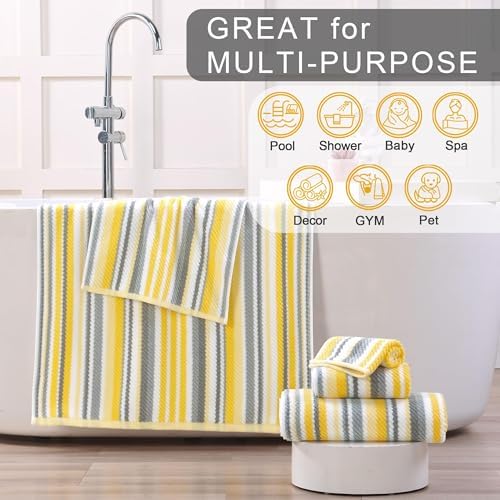 VOOVA & MOVAS Yellow Bathroom Towels 3 Pack, 100% Cotton, Gray Striped