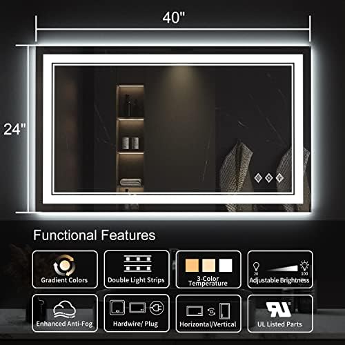 Lighted Vanity Mirror, 40x24 Inch Gradient Front and Backlight LED Vanity Mirror, 3 Colors Dimmable CRI>90 Double Lights, IP54 Enhanced Anti-Fog, Hanging Plates Wall Mount Bathroom Mirror