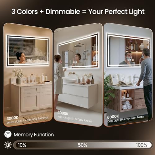 48"x40" LED Bathroom Mirror with Anti-Fog, Backlit & Front Lights, Memory