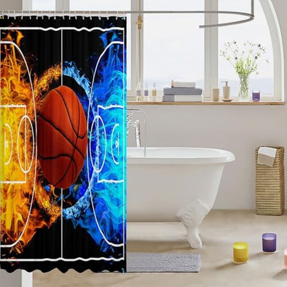 jejeloiu Basketball Bath Curtain Boys Girls 72"x78" Gaming Sports Shower Curtain for Kids Women Men Waterproof Ice Fire Bathroom Shower Curtain Set Gift for Basketball Lover