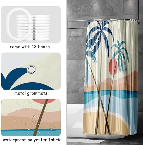 Beach Shower Curtain, Summer Boho Tropical Palm Tree Sunset Mid Century Abstract Modern Bathroom Decor, Waterproof Fabric Polyester Bathroom Curtain with 12 Hooks 72x72 in