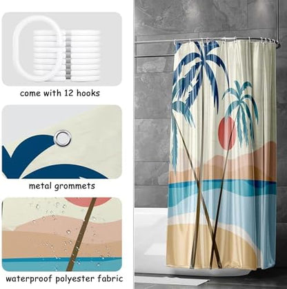 Beach Shower Curtain, Summer Boho Tropical Palm Tree Sunset Mid Century Abstract Modern Bathroom Decor, Waterproof Fabric Polyester Bathroom Curtain with 12 Hooks 72x72 in