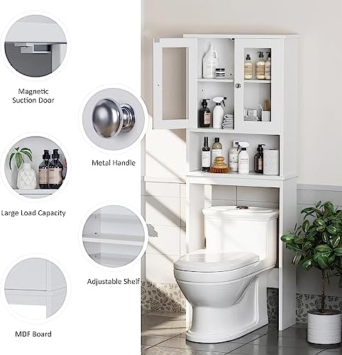 Over The Toilet Storage Cabinet for Bathroom, Storage Organizer Over Toilet, Space Saver with Tempered Glass Doors, White