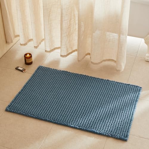 TYUU Waffle Bath Mat, Boho Bathroom Rugs Non Slip, 36x24 Denim Blue