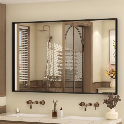 48x30 Inch Black Metal Framed Bathroom Mirror for Wall