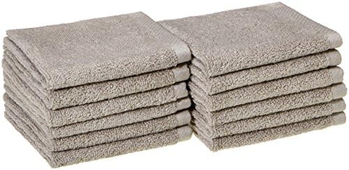 Amazon Basics 100% Cotton Washcloths, Quick-Dry, 12" x 12", Platinum, 12-Pack