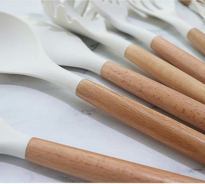 Silicone Cooking Utensils Set, 33PCS Kitchen Gadgets Tools with wooden Handle, Spoons, Spatulas, Whisk, Dishwasher Safe (Cream White, Set of 33)