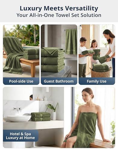 LANE LINEN Towel Set Soft Absorbent Quick Dry 100% Cotton - Oil Green